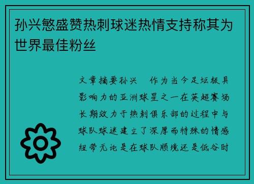 孙兴慜盛赞热刺球迷热情支持称其为世界最佳粉丝 孙兴慜盛赞热刺球迷热情支持称其为世界最佳粉丝